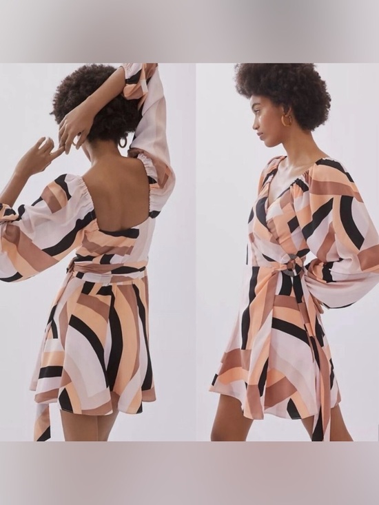 Hutch Dresses & Skirts - Anthropologie Hutch Women’s Mod Geo Wrap Mini Dress Puff Sleeves Size M